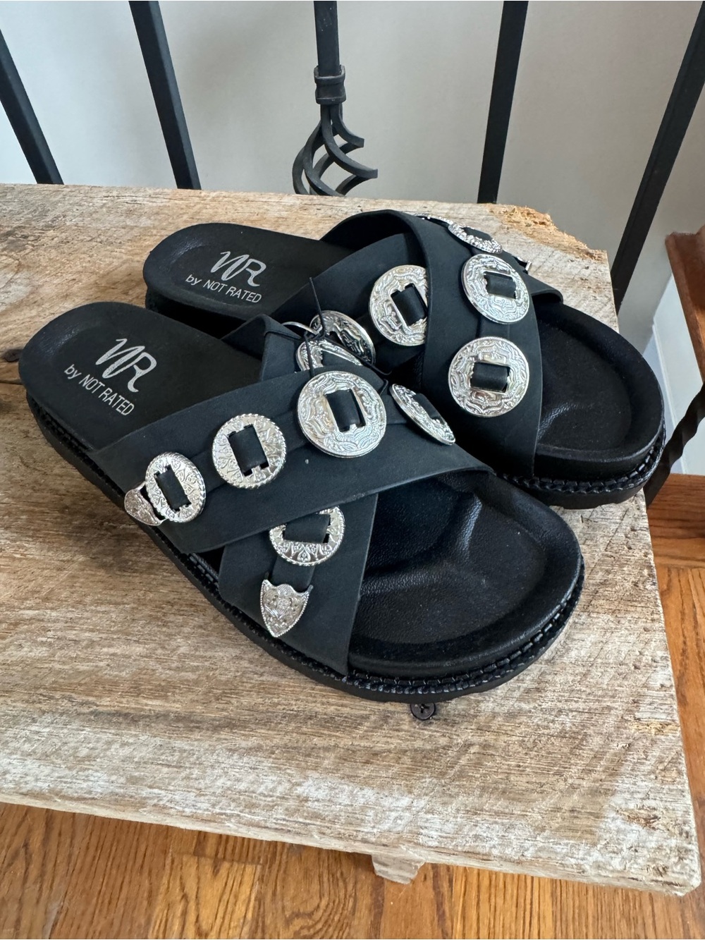 Not Rated Black Concho Slide Sandals - Picture 2 of 5